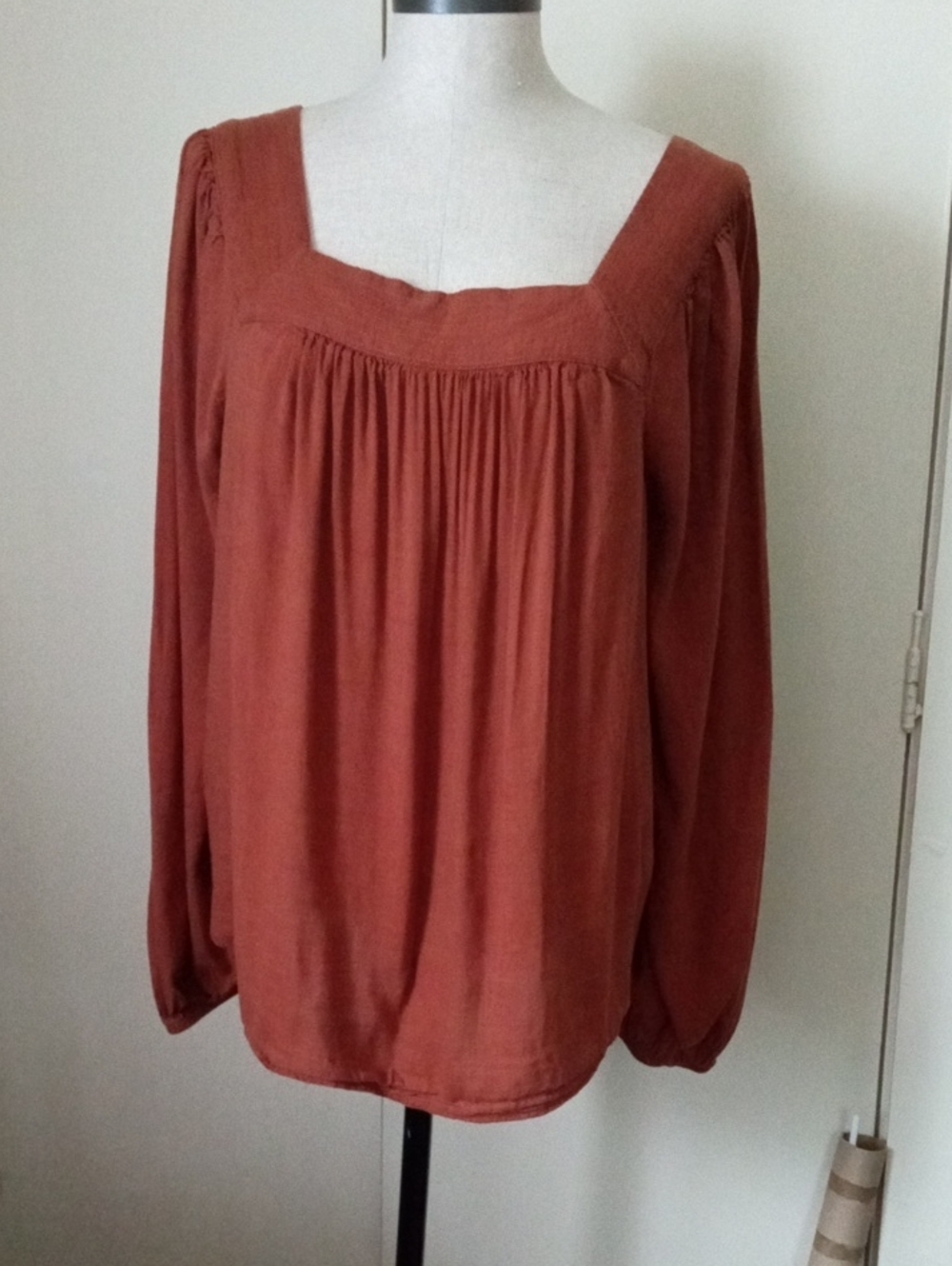 Sonoma Square-Neck Cotton Blend Long Sleeve Peasant Blouse in Rust Size Large